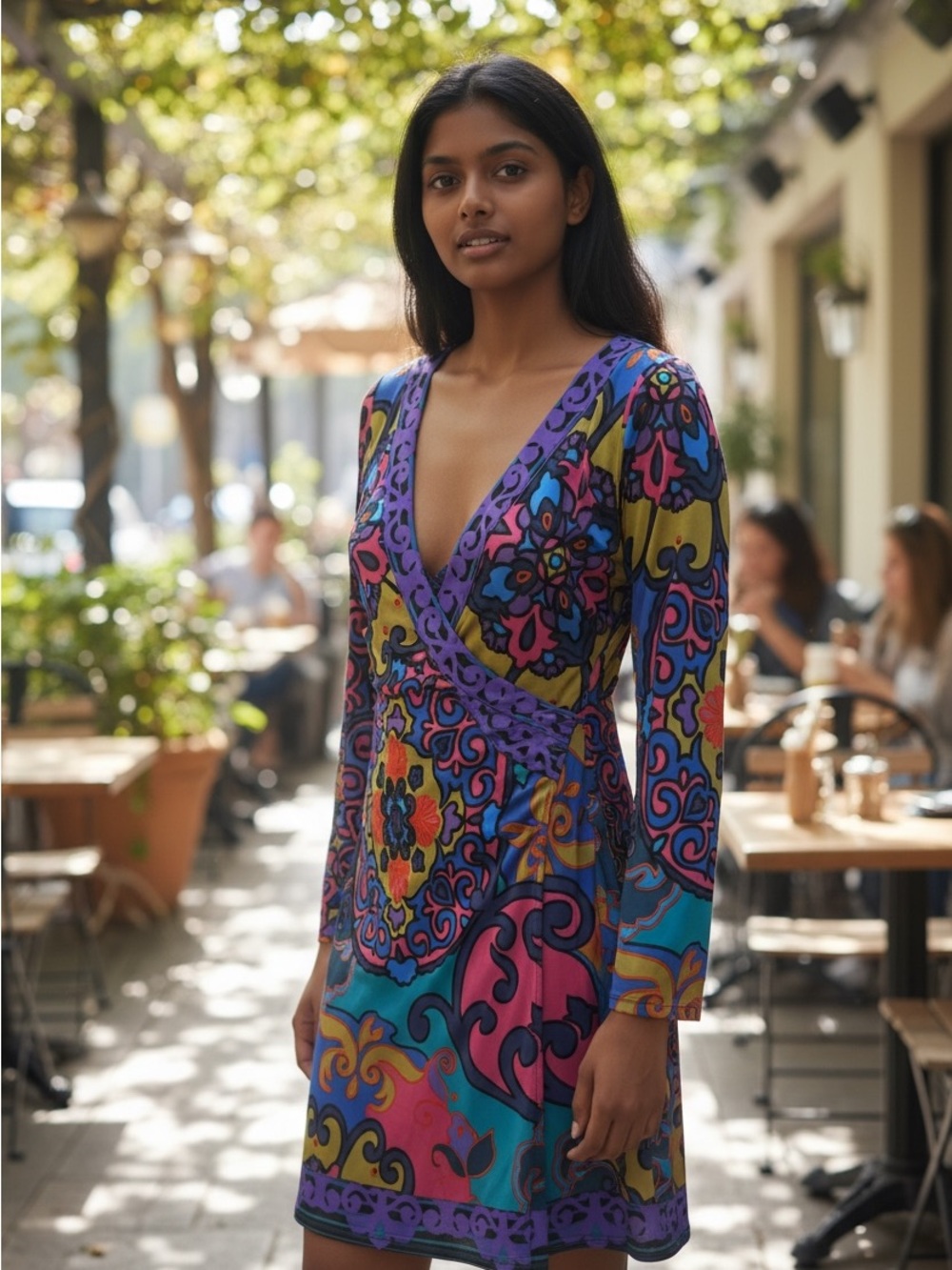 Hale Bob Purple Multi Floral Paisley Long Sleeve Wrap Dress